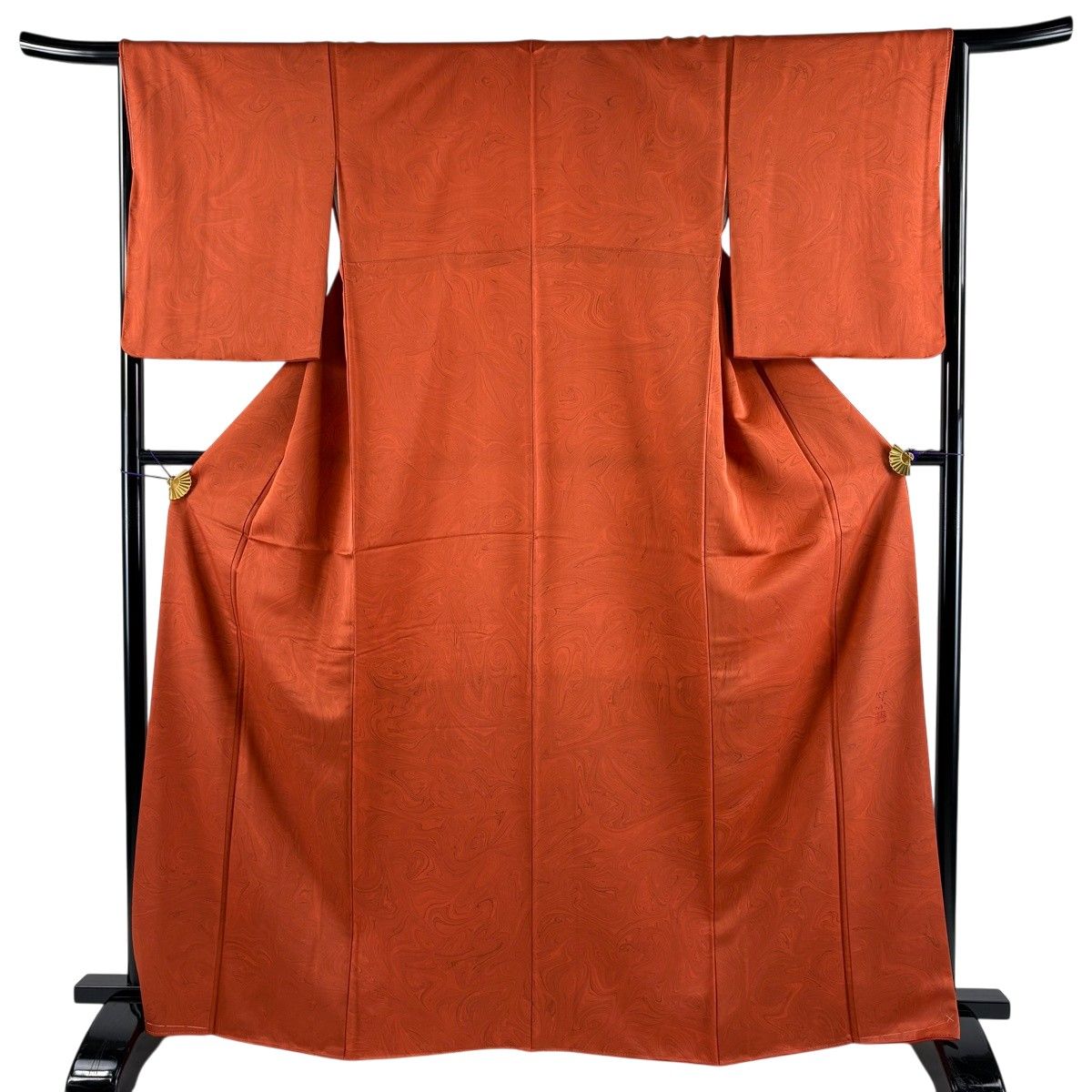 【美品】 小紋 身丈165cm 裄丈65cm M 袷 落款 墨流し 朱色 正絹 秀品 【中古】