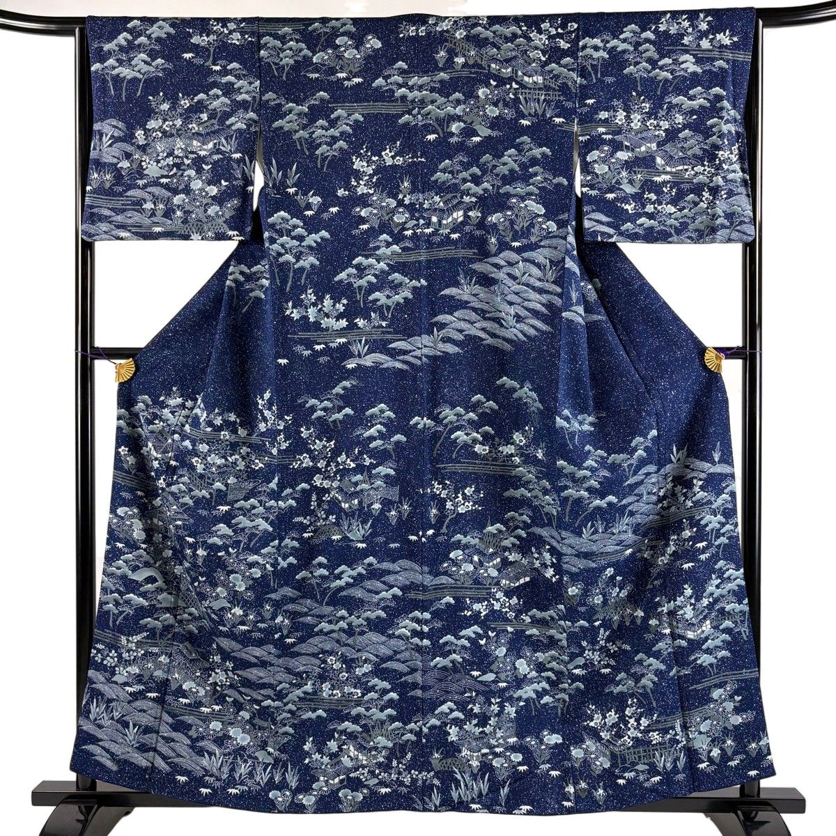 【美品】 訪問着 身丈158cm 裄丈64.5cm M 袷 松竹梅 家屋 藍色 正絹 秀品 【中古】
