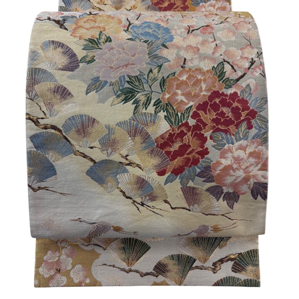 【美品】 袋帯 秀品 牡丹 松梅 金銀糸 箔 ベージュ 六通 正絹 【中古】