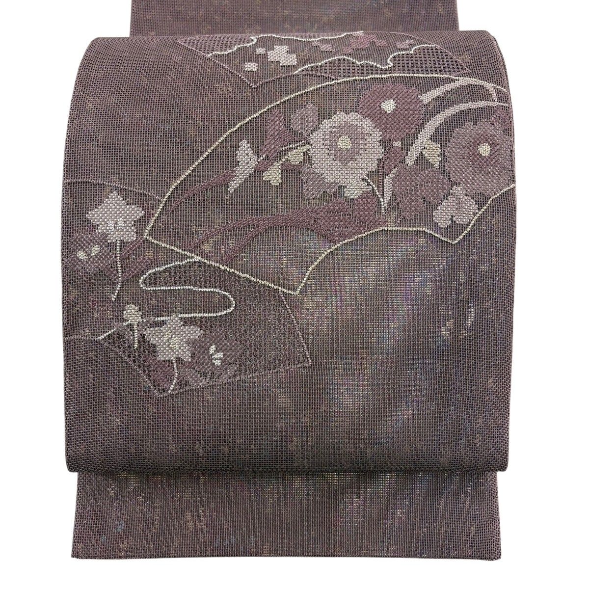 【美品】 袋帯 秀品 夏帯 紗 扇面 草花 箔 刺繍 灰紫 お太鼓柄 正絹 【中古】