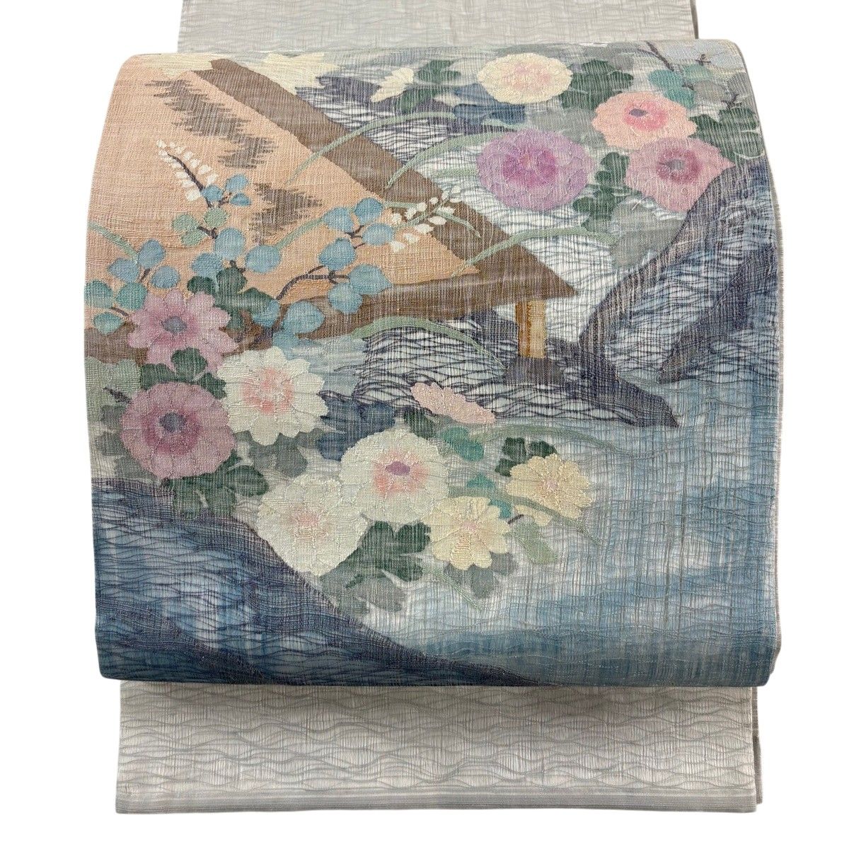 袋帯 秀品 関西仕立て 夏帯 菊 波 櫛織 薄緑 お太鼓柄 正絹 【中古】