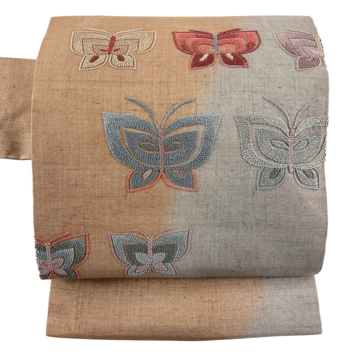 名古屋帯 秀品 関西仕立て 紬地 蝶 刺繍 薄茶色 正絹 【中古】 6,864円