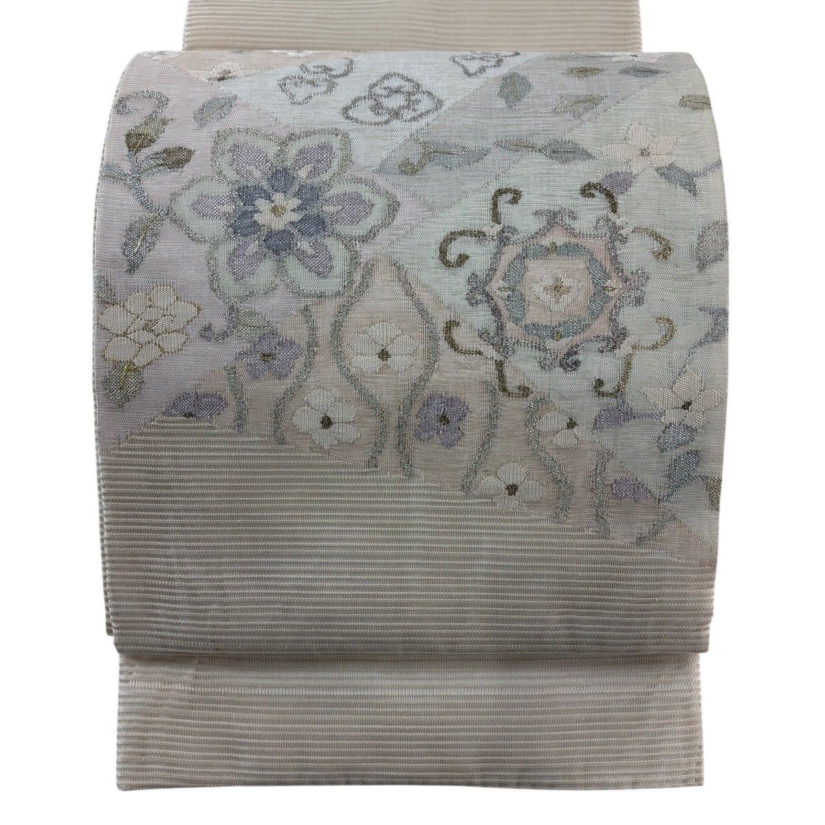 袋帯 秀品 夏帯 絽 華文 草花 金銀糸 クリーム お太鼓柄 正絹 【中古
