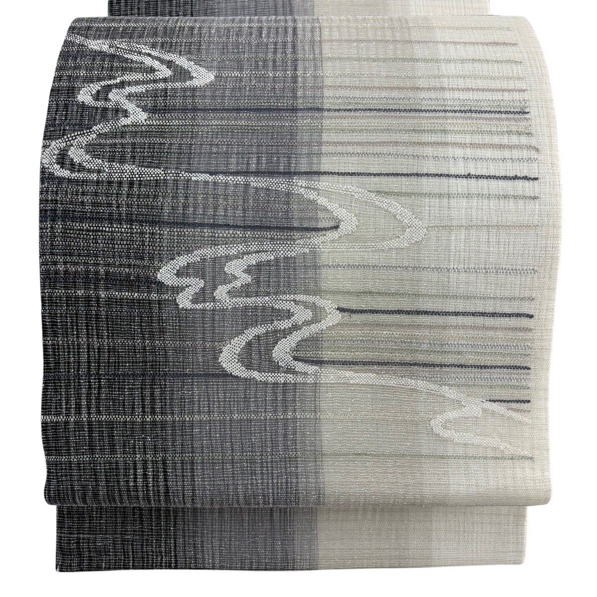 【美品】 袋帯 秀品 夏帯 リバーシブル 霞 流水 銀糸 黒灰 お太鼓柄 正絹 【中古】