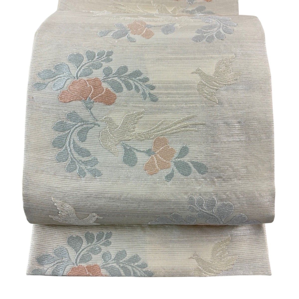袋帯 秀品 夏帯 絽 鳥 草花 箔 唐織 クリーム 六通 正絹 【中古】