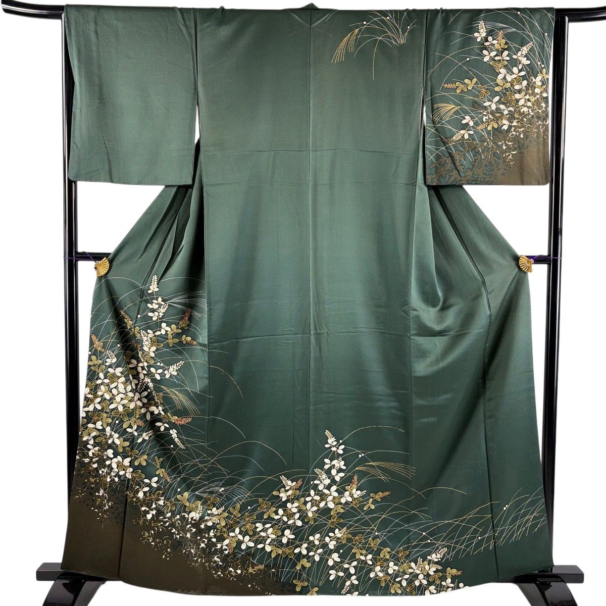 訪問着 身丈160cm 裄丈65cm M 袷 萩 芝 金彩 染め分け 緑 正絹 秀品 【中古】
