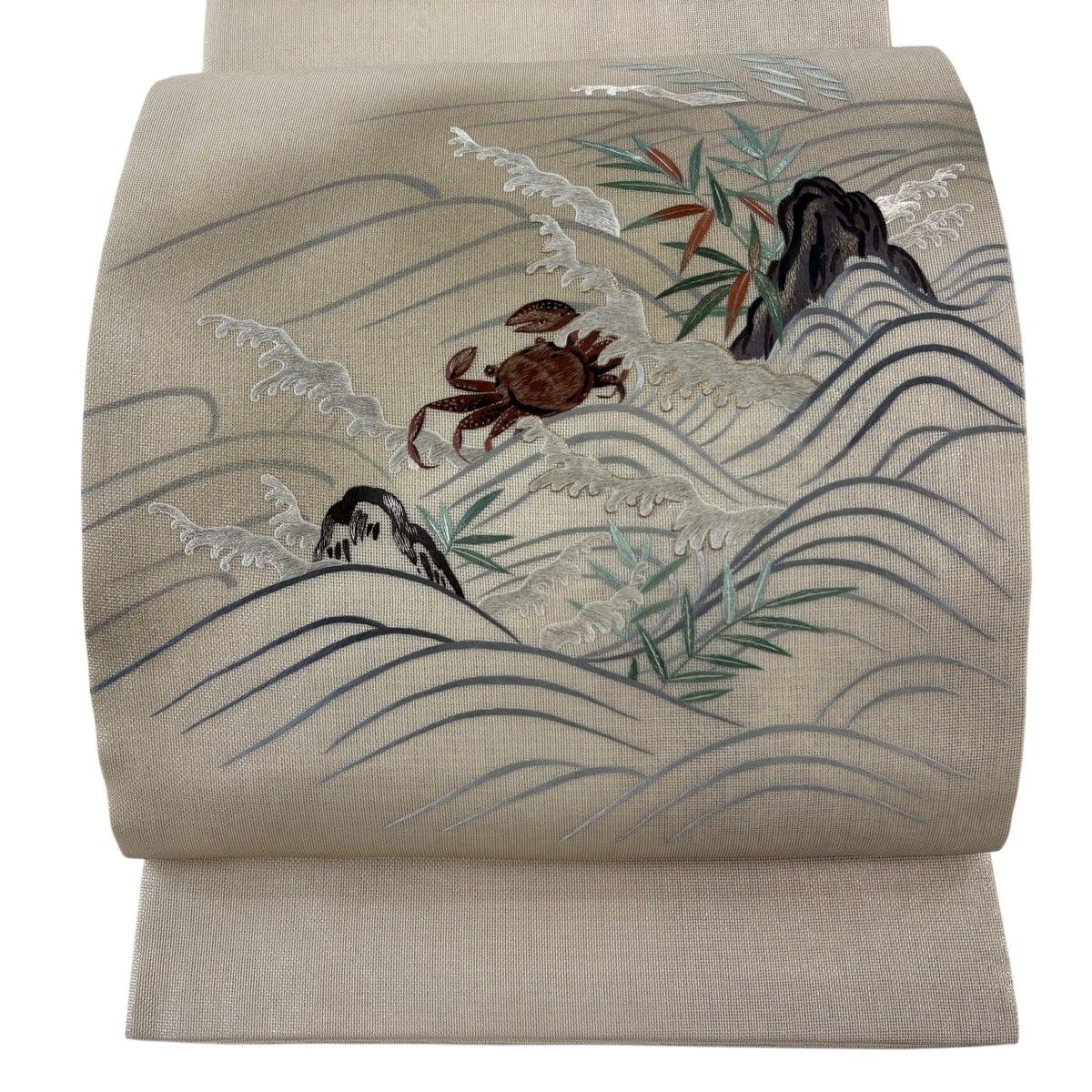 【美品】 袋帯 逸品 夏帯 蟹 波 金銀糸 刺繍 灰白 お太鼓柄 正絹 【中古】 35,620円