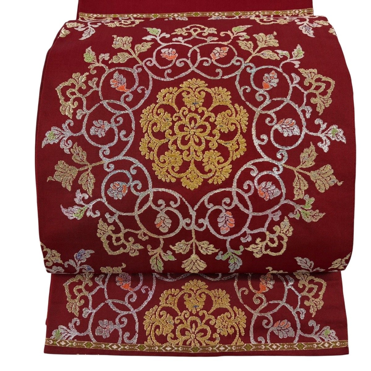 袋帯 逸品 龍村平蔵 落款 御物平脱錦 関西仕立て 華文 花唐草 金糸 箔 赤 お太鼓柄 正絹 【中古】