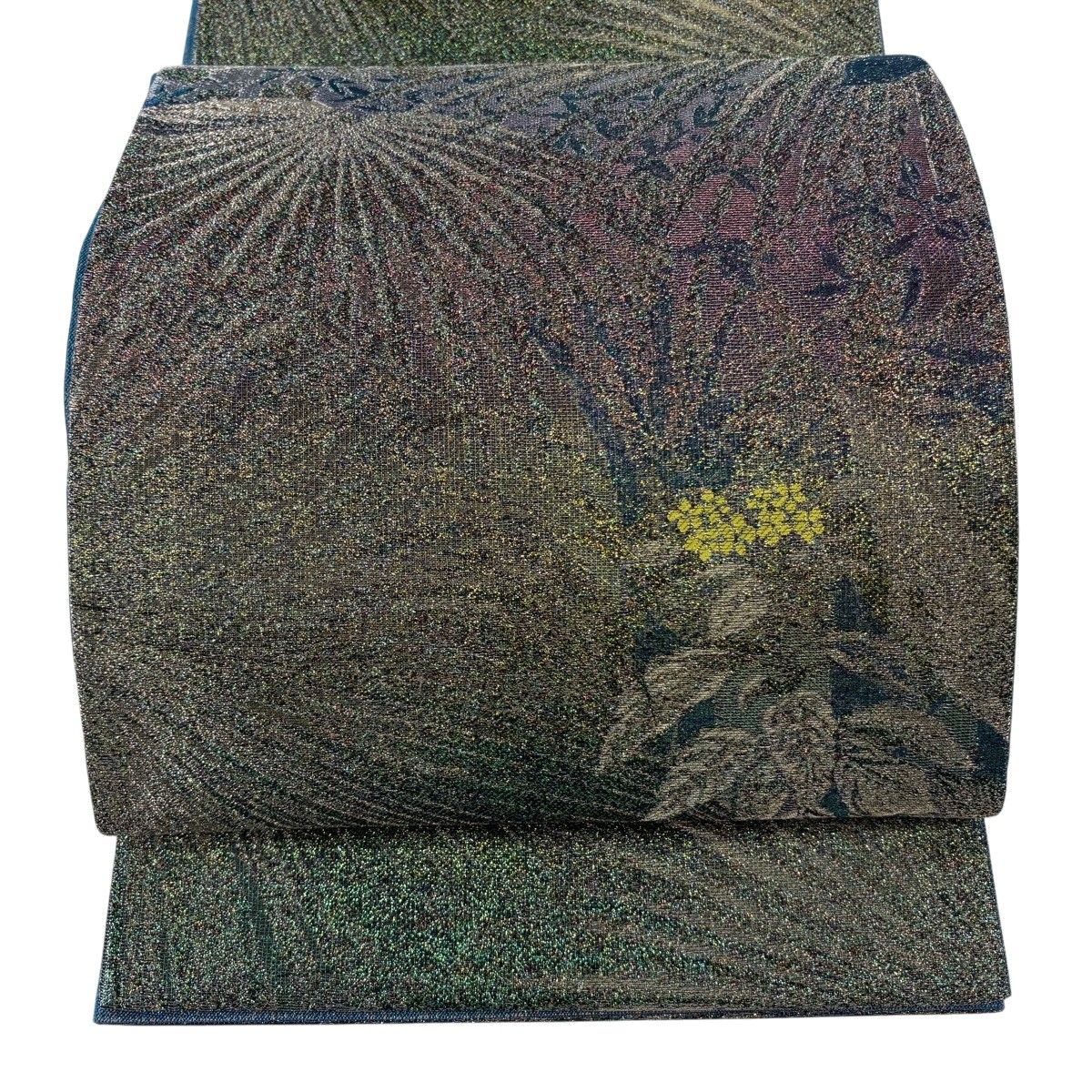 【美品】 袋帯 逸品 草花 幾何学模様 箔 金糸 緑 六通 正絹 【中古】袋帯