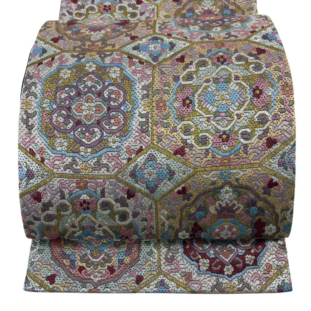 袋帯 逸品 華文 金糸 灰白 全通 正絹 【中古】