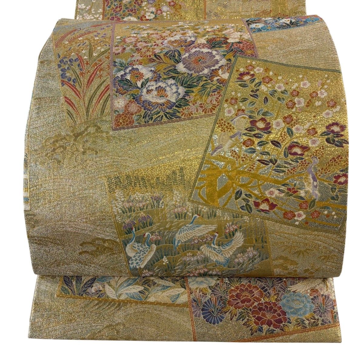 丸帯 逸品 花鳥 色紙 箔 金糸 金色 全通 正絹 【中古】