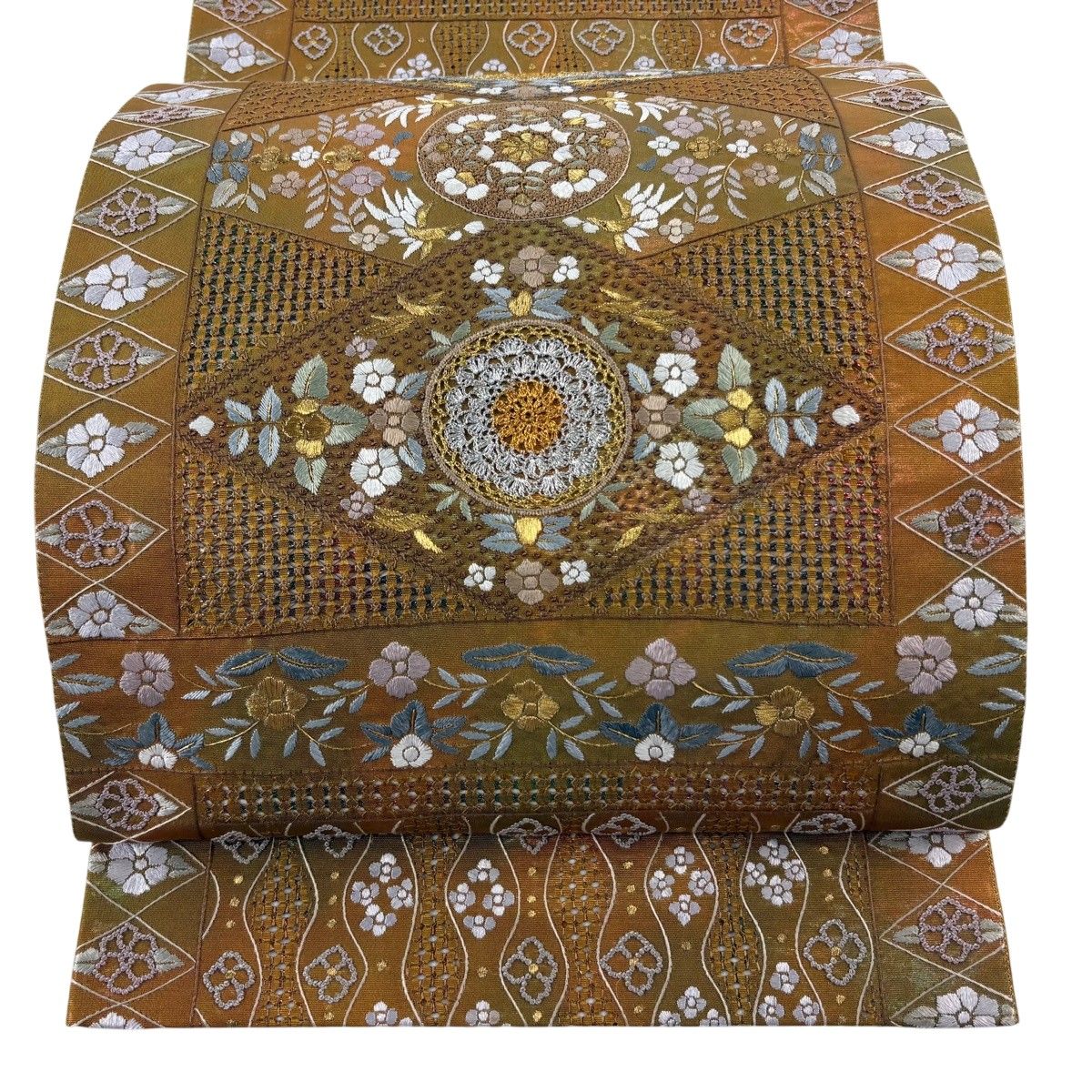 袋帯 逸品 華文 草花 金銀糸 箔 黄土色 六通 正絹 【中古】