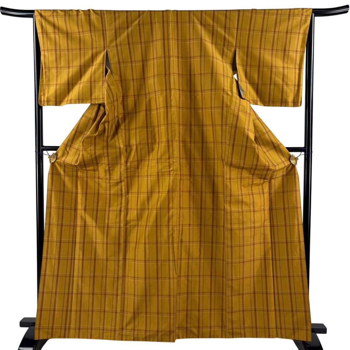 【美品】 紬 身丈165.5cm 裄丈65cm M 袷 格子 山吹茶色 正絹 名品 【中古】 13,528円