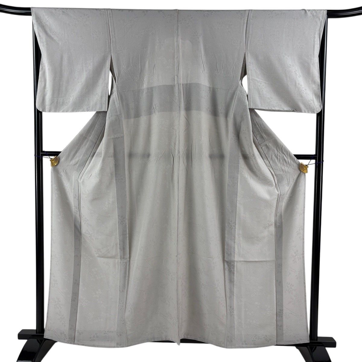 小紋 身丈156.5cm 裄丈66cm M 袷 縦絽 萩 灰茶 正絹 名品 【中古】