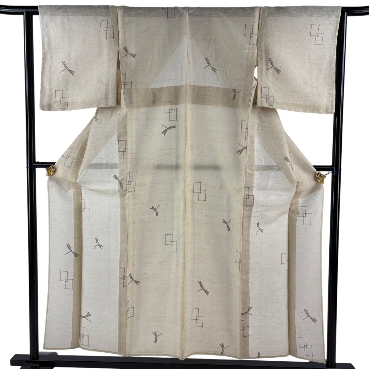 【美品】 小紋 身丈154cm 裄丈63cm S 薄物 絹芭蕉紬 トンボ 幾何学 ベージュ 正絹 名品 【中古】