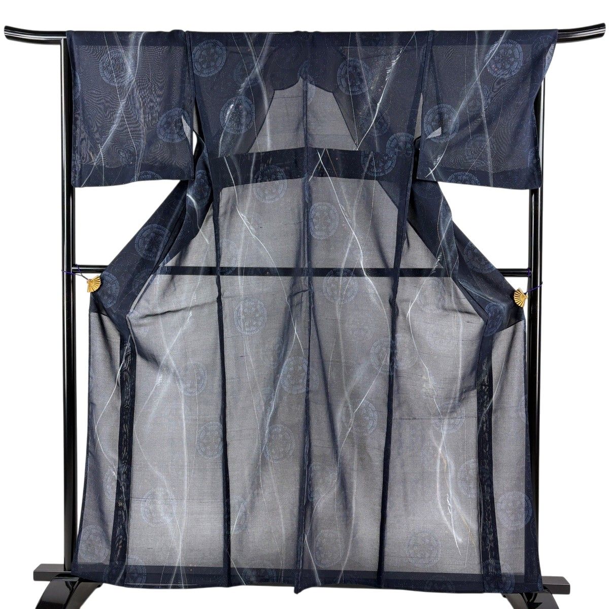 【美品】 小紋 身丈160cm 裄丈67.5cm L 薄物 源氏車 金銀彩 濃紺 正絹 名品 【中古】 15,260円