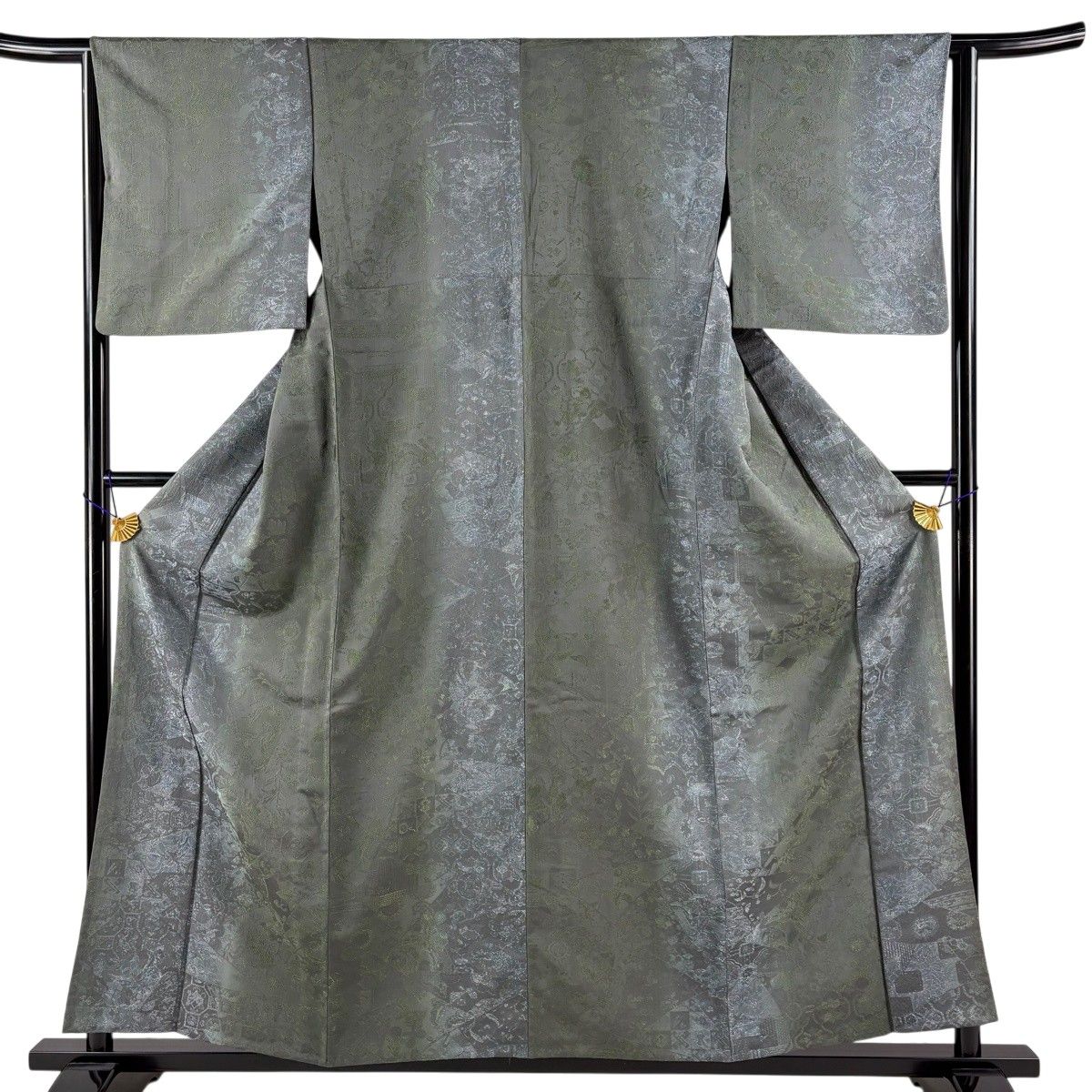 【美品】 小紋 身丈157cm 裄丈64cm M 単衣 草花 灰緑 正絹 名品 【中古】