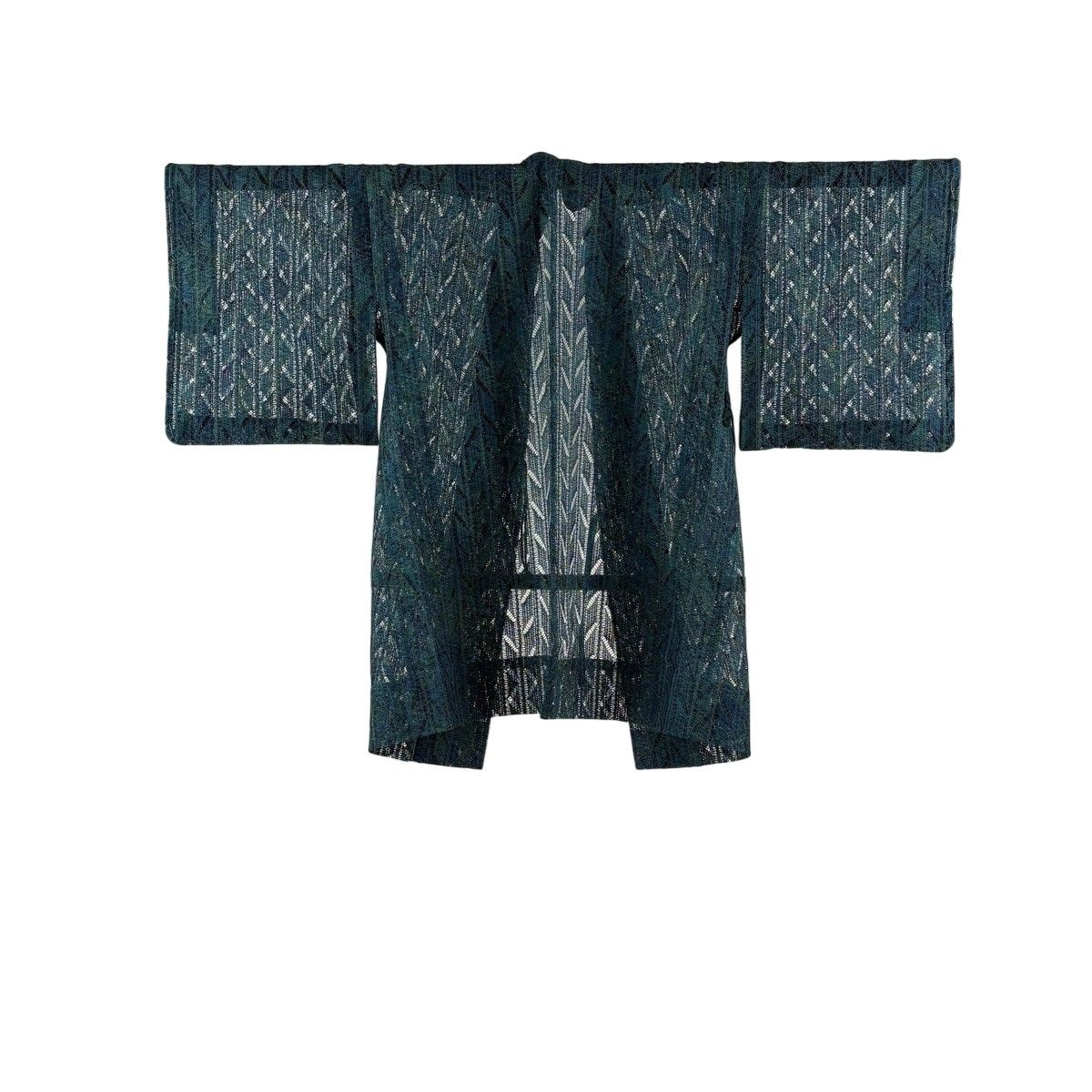 【美品】 道中着 身丈92cm 裄丈65cm M 和装コート 奄美大島本泥染 証紙 幾何学模様 青緑 正絹 名品 【中古】