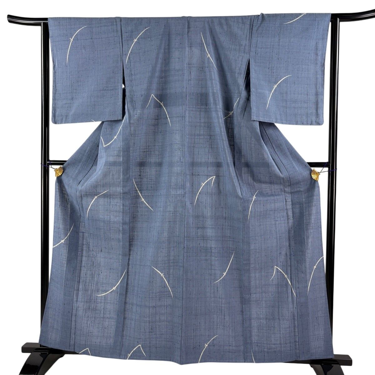 小紋 身丈161cm 裄丈64cm M 単衣 紬地 トンボ 葉 青灰色 正絹 名品 【中古】