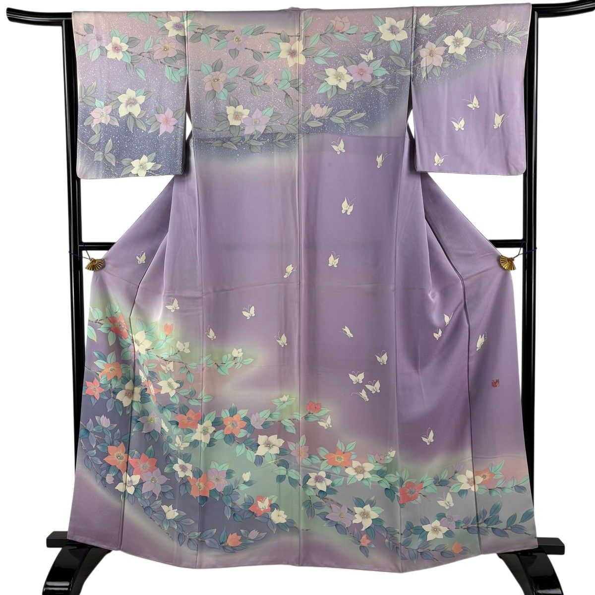 訪問着 身丈160.5cm 裄丈64cm M 袷 落款 枝花 蝶 ぼかし 紫 正絹 名品 【中古】