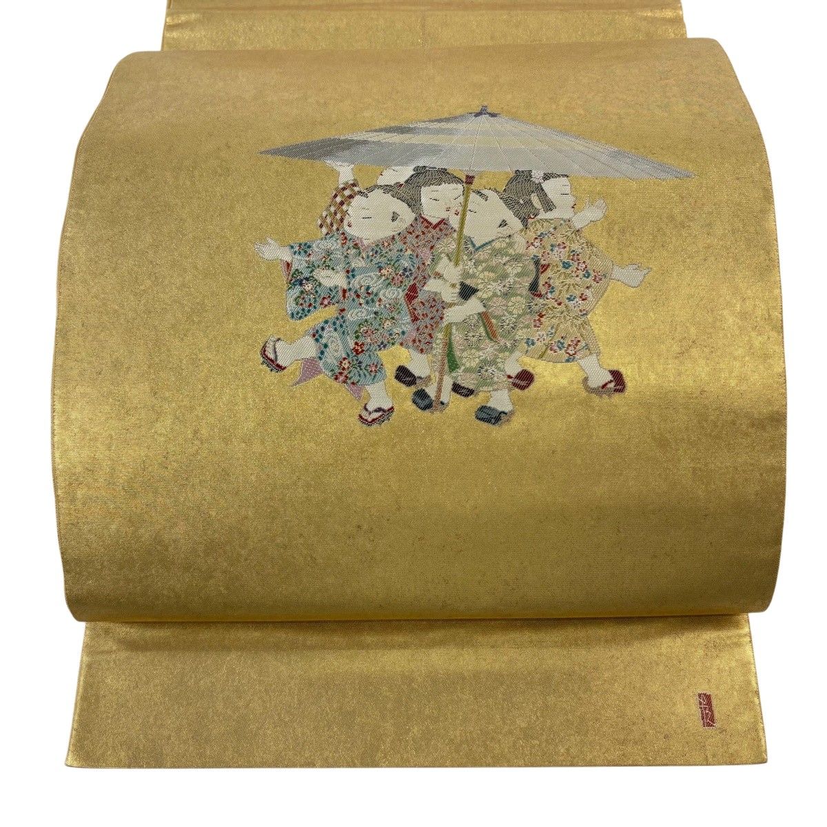 袋帯 名品 由水十久監修 落款 長島成織物 瀞金錦 童 番傘 本金箔 金色 お太鼓柄 正絹 【中古】 9,660円