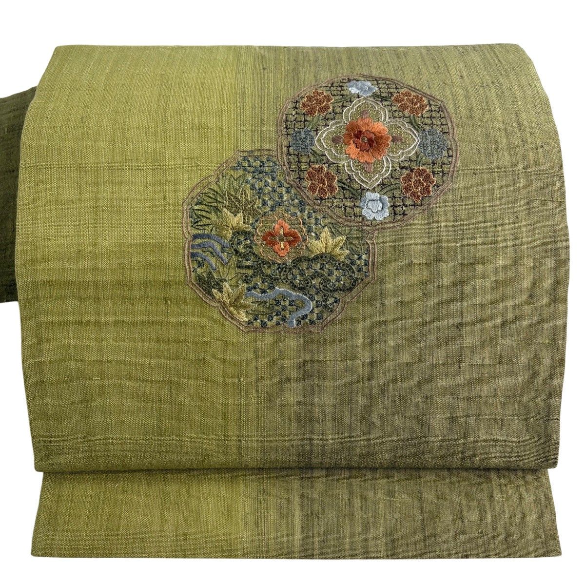 【美品】 名古屋帯 名品 紬地 華文 草花 抹茶色 正絹 【中古】