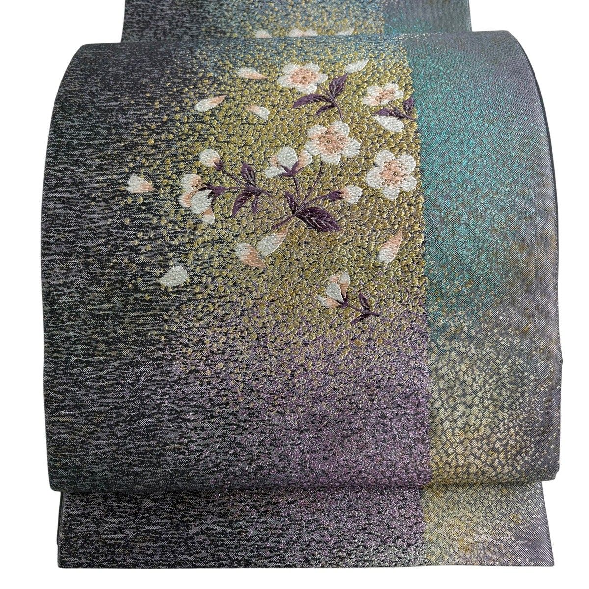 【美品】 袋帯 名品 桜 幾何学模様 箔 金銀糸 青灰色 六通 正絹 【中古】 11,060円