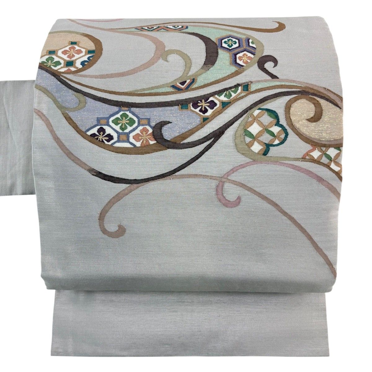 【美品】 名古屋帯 名品 蜀江文 唐草 金糸 灰紫 正絹 【中古】