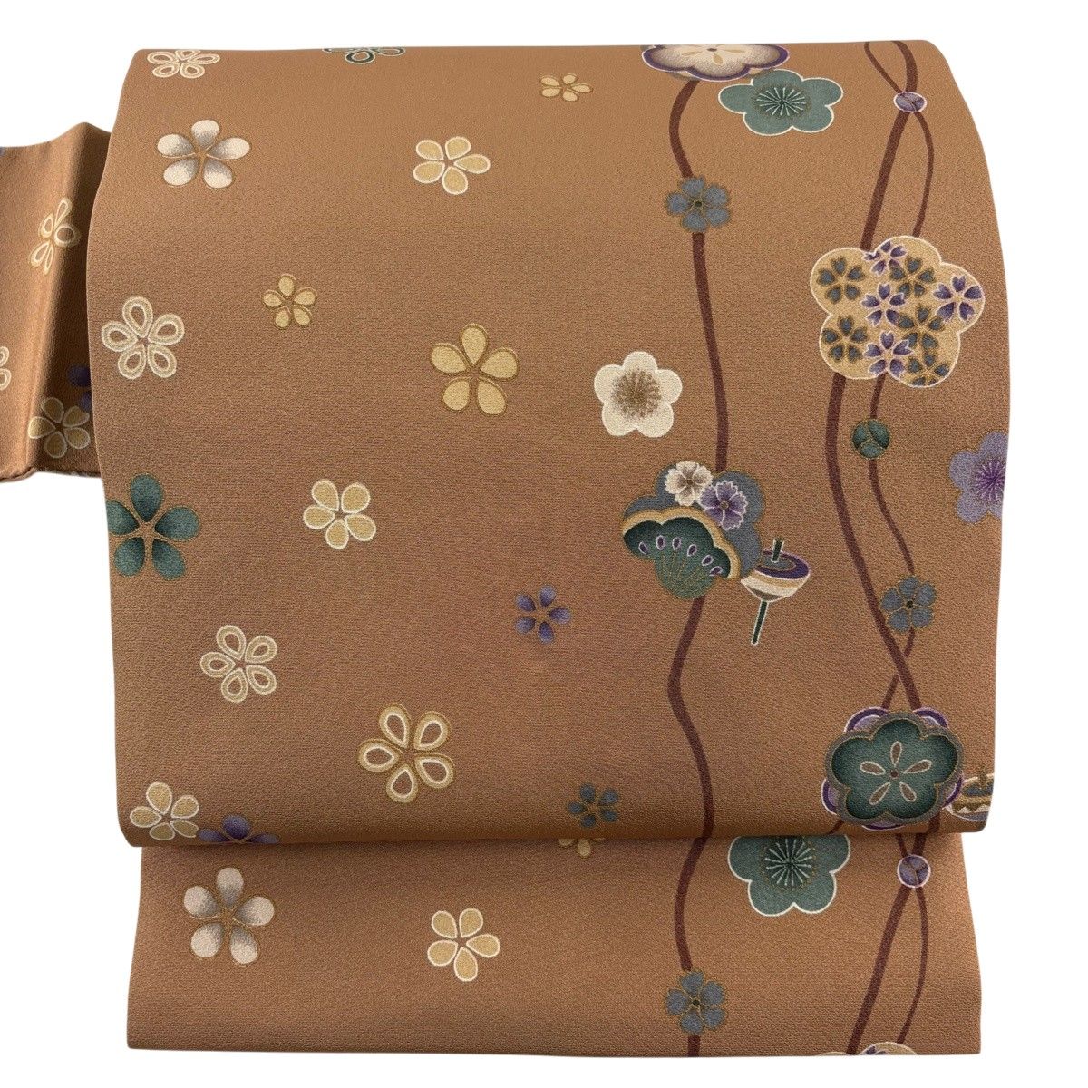 名古屋帯 名品 梅 駒 金彩 茶色 正絹 【中古】