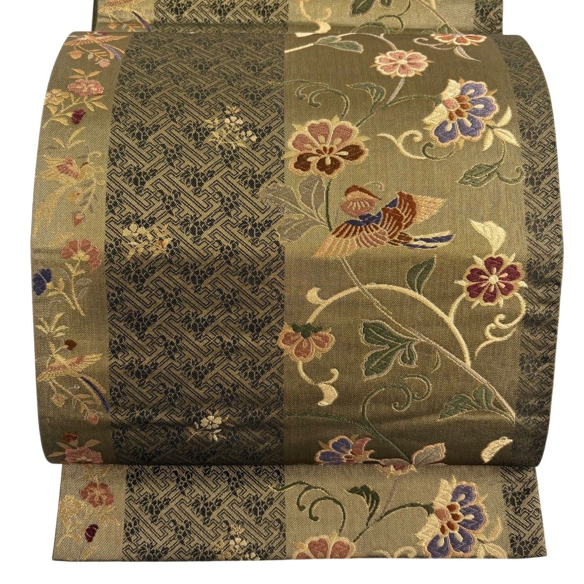 袋帯 名品 花唐草 鳥 金糸 箔 茶緑色 六通 正絹 【中古】