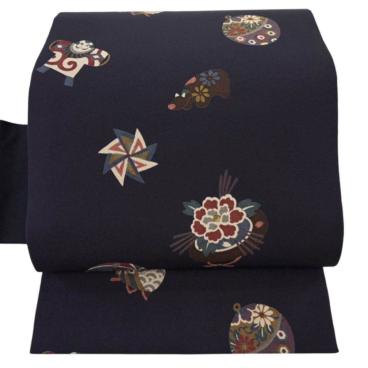 【美品】 名古屋帯 名品 玩具 縮緬 墨色 正絹 【中古】