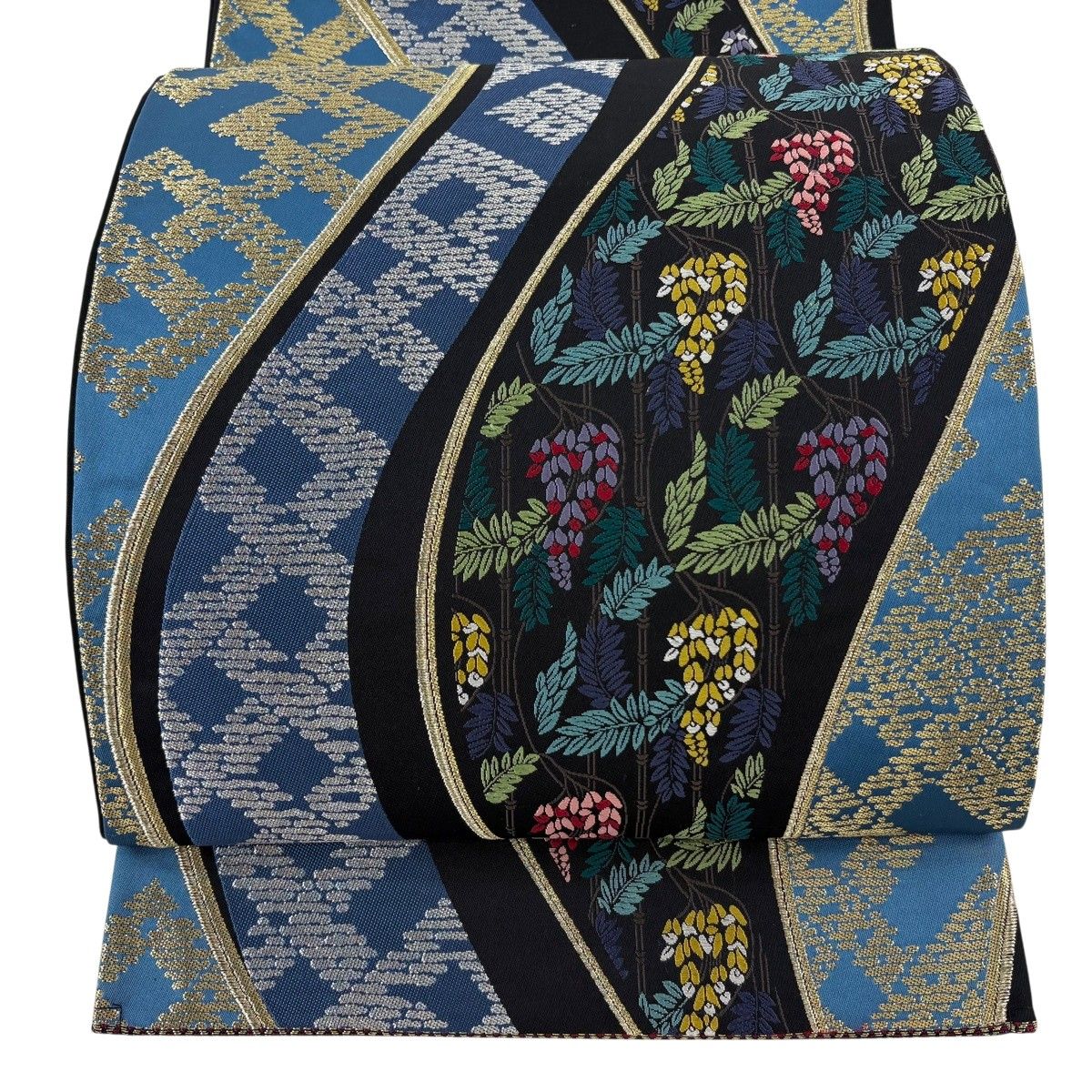 【美品】 袋帯 名品 草花 幾何学 金銀糸 青灰色 六通 正絹 【中古】 11,060円