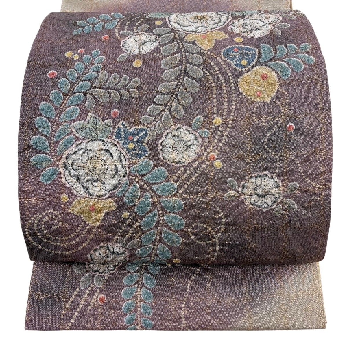 袋帯 名品 辻が花 銀糸 箔 灰紫 お太鼓柄 正絹 【中古】 10,350円