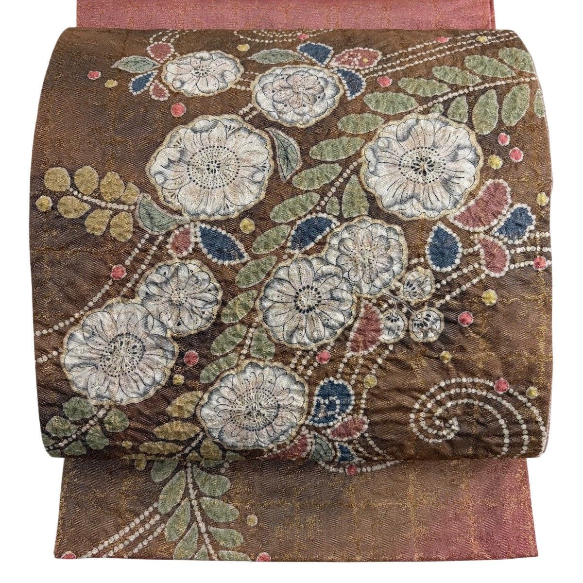 【美品】 袋帯 名品 辻が花 箔 茶色 お太鼓柄 正絹 【中古】