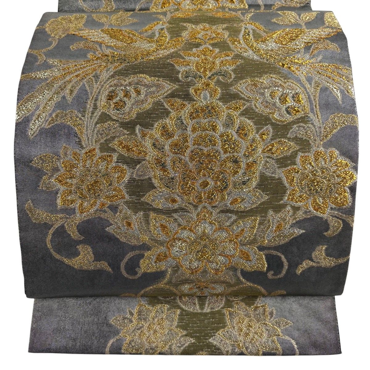 【美品】 袋帯 名品 振袖向き 草花 鳥 箔 金糸 銀色 六通 正絹 【中古】