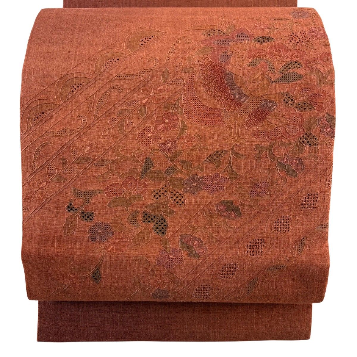 【美品】 袋帯 秀品 紬地 尾長鳥 草花 刺繍 赤茶 お太鼓柄 正絹 【中古】