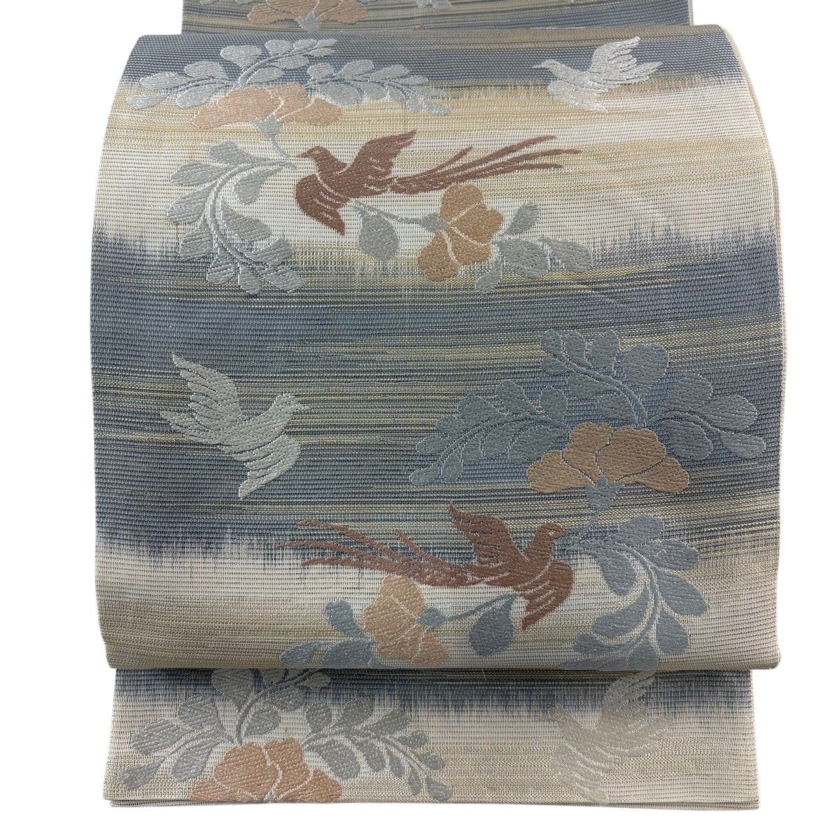 袋帯 秀品 夏帯 絽 鳥 草花 箔 唐織 ベージュ 六通 正絹 【中古】