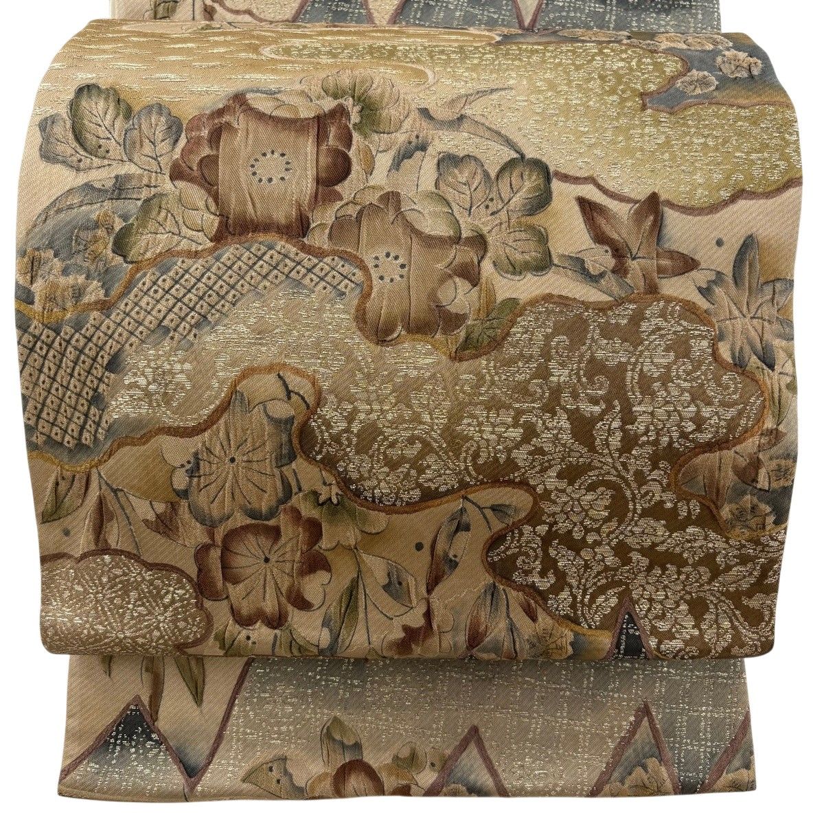 【美品】 袋帯 秀品 ふくれ織 草花 霞 箔 ぼかし 薄茶色 六通 正絹 【中古】 6,952円