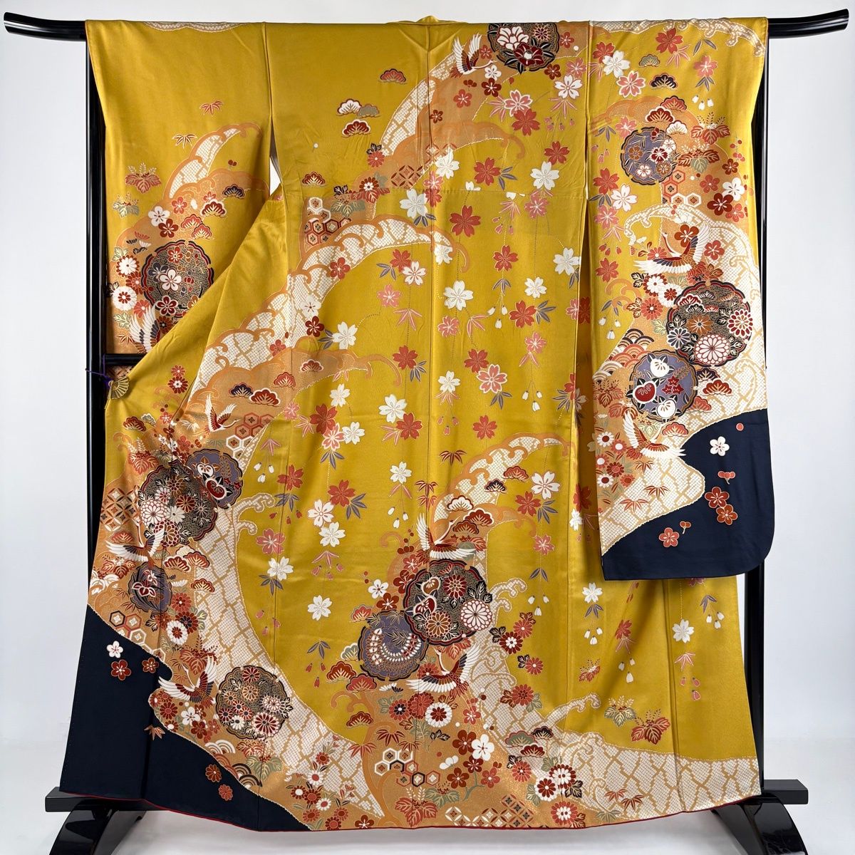 本日限定お値下げ！振袖フルセット　山吹色　身丈162.5cm　裄丈67cm 美品】 振袖 身丈164cm 裄丈66cm M 袷 袋帯フルセット 雪輪 枝垂れ桜