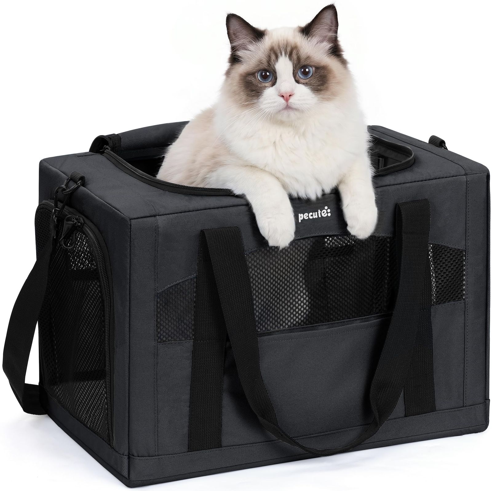 Pecute ペットキャリー 猫キャリー バッグ 手提げ 猫 キャリー ショルダー 猫 きゃりーバッグ 猫 ウサギ 小型犬 小動物用 リュック 通気性 折りたたみ お出かけ ドライブ 旅行 通院 防災 避難用 ダークグレー XLt