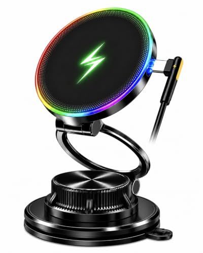 N◆【2026 新登場力作】スマホホルダー 車 ワイヤレス充電 マグネット【15W急速充電&カラフルledライト&ナノジェル吸盤】MagSafe 車載ホルダー【360°回転な台座×多角度自由調節】搭載 N55 マグネット強力吸着 高級亜鉛合金 1f7026e3