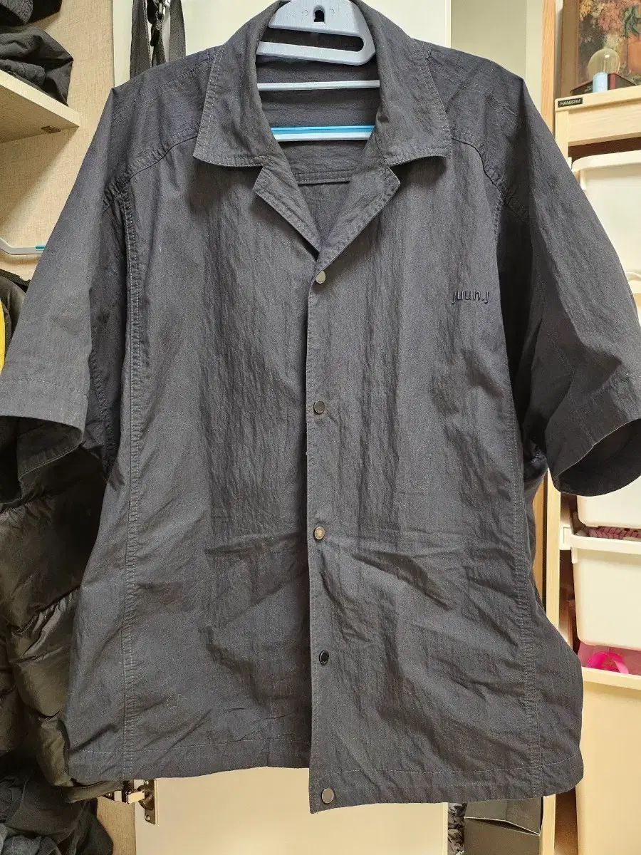 24FW ジュンジェイ オーバーサイズ 半袖 ネイビー シャーリング シャツ 46 (実寸110)