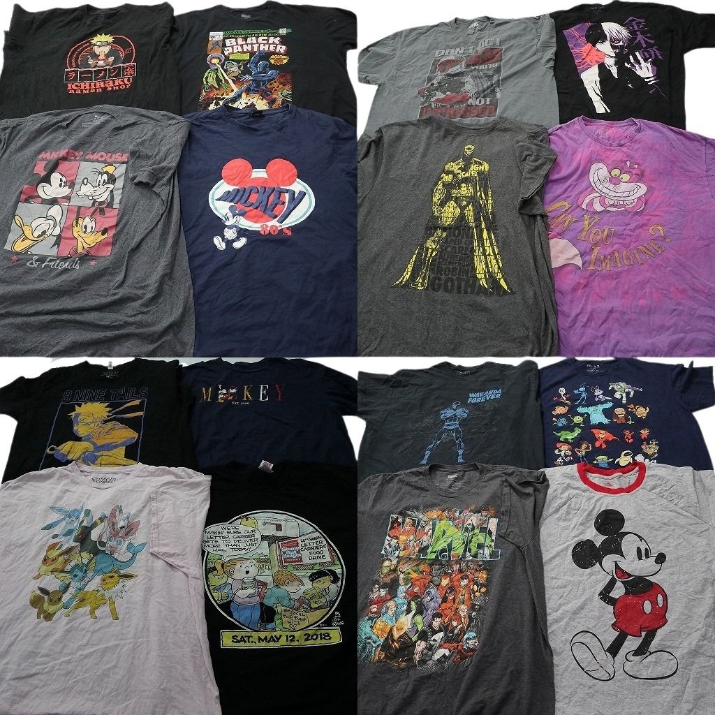 古着卸 まとめ売り キャラクター Tシャツ 16枚セット ( メンズ 2XL ) ナルト ディズニー マーベル アメコミ ポケモン 中古 古着 NF8820