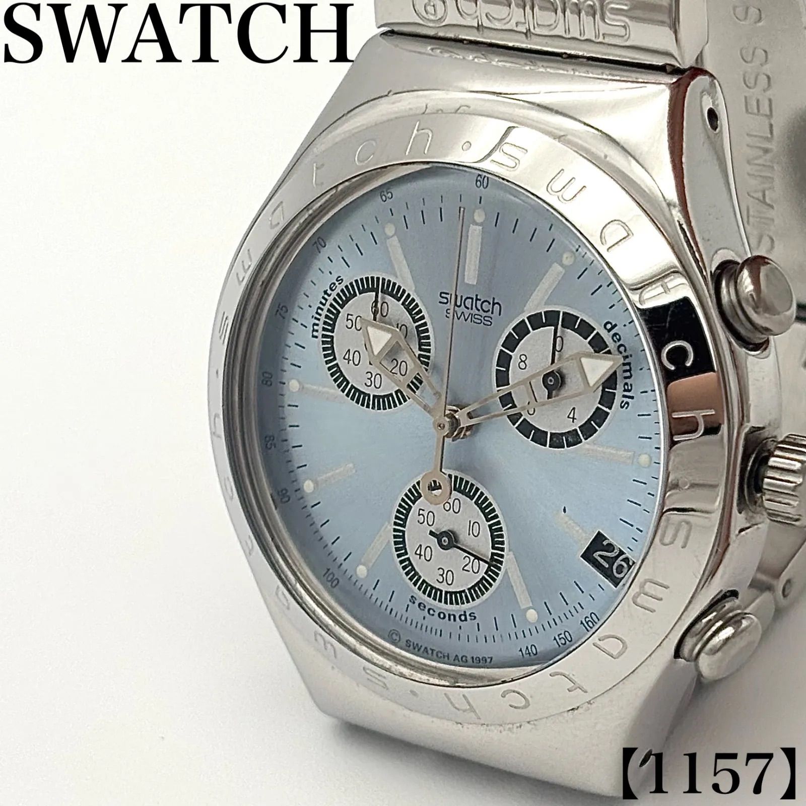 稼働品 Working item スウォッチ Swatch 腕時計 メンズ Men's クォーツ Quartz YCS408G アイロニー クロノグラフ アイスブルー ライトブルー 文字盤 デイト ステンレス メタルバンド 1157