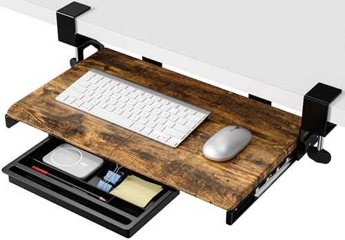 ETHU キーボードトレイ 後付けクランプ式 伸縮スライド 幅500*奥300mm 天板2枚接ぎ 人間工学デザイン 姿勢改善 マウス収納 机下収納可能 耐荷重15KG 木目調ｍａ