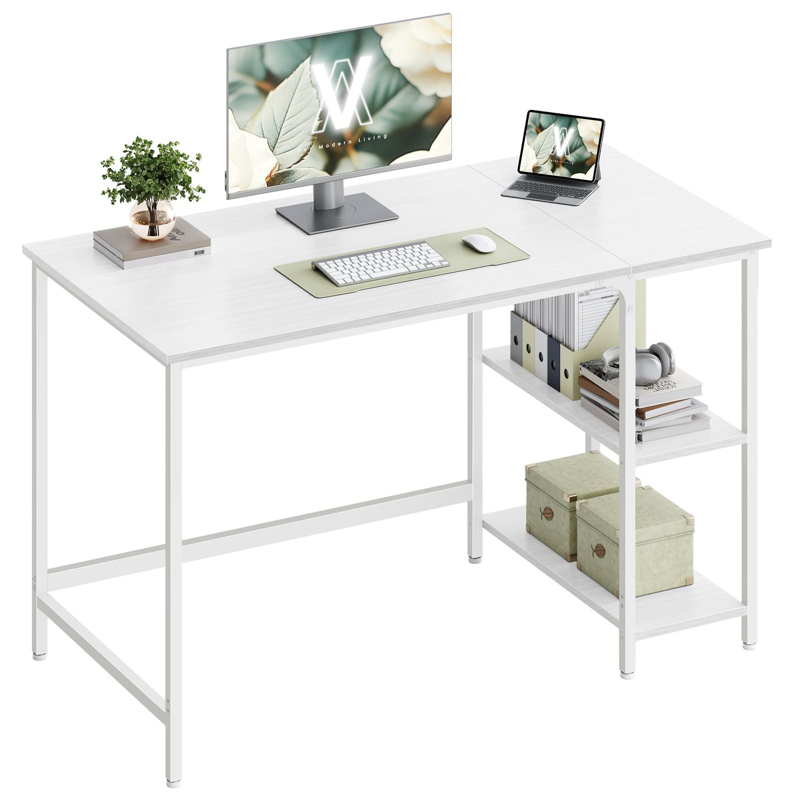 ★新品★VASAGLE パソコンデスク 幅120×奥行60cm 机 PCデスク ラック付き テーブル 棚付き コンピューターデスク オフィス・リビング用ワークテーブル 組立簡単 120×60×76cm ワークルーム 寝室 リビング ホワイト 03768061