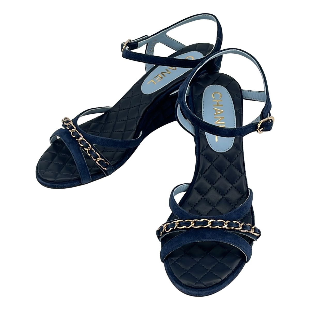 【美品】 CHANEL / シャネル | スウェードレザー チェーン ココマーク サンダル | 37 1/2 | ネイビー | レディース