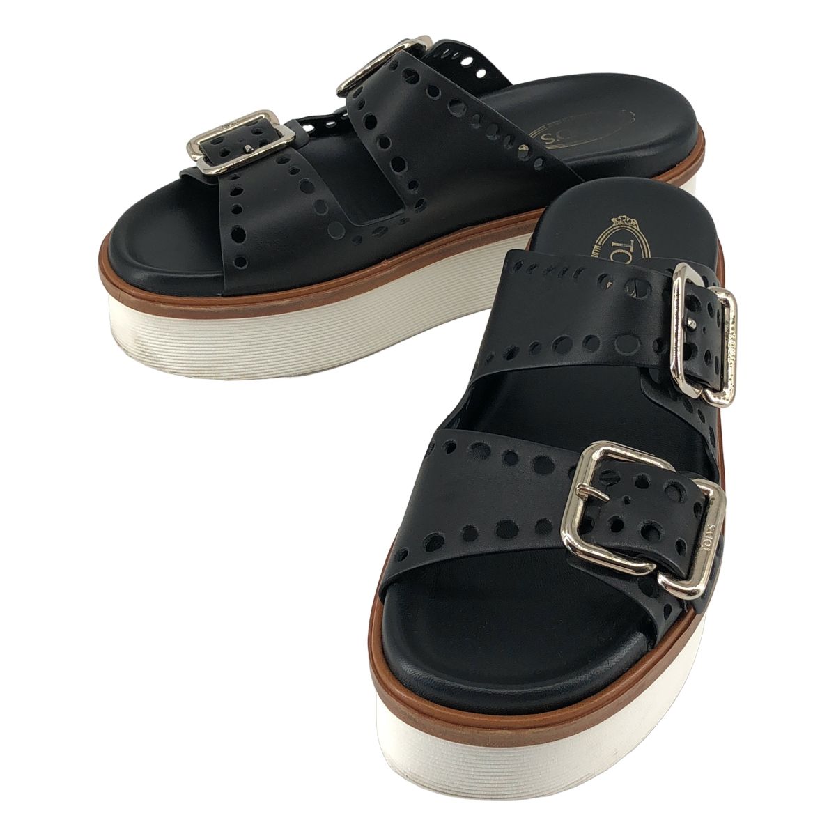 TOD'S / トッズ | パンチングレザー ベルト サンダル | 39 | ブラック/ホワイト | レディース 5,958円