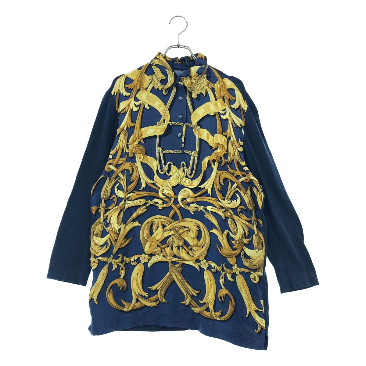 HERMES / エルメス | ヴィンテージ / ツイルレーヌ シルク 馬具柄 ニット切替 プルオーバーシャツ | ネイビー | レディース