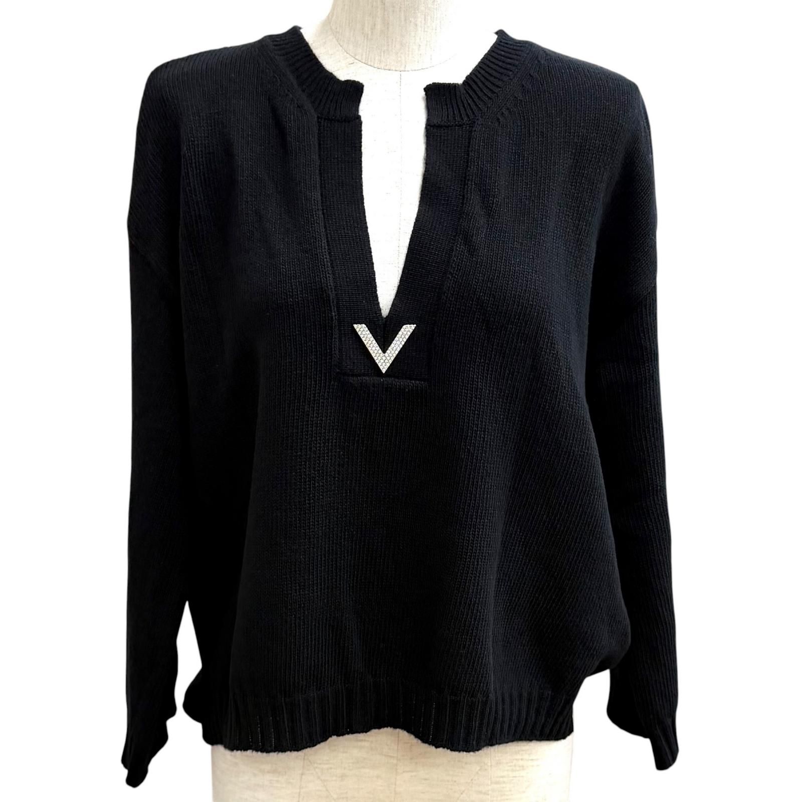 美品★VALENTINO ヴァレンティノ 4B3KC53X8E4 バージンウール100％ ラインストーンロゴ金具 スキッパー 長袖 ニット ブラック XS 正規品